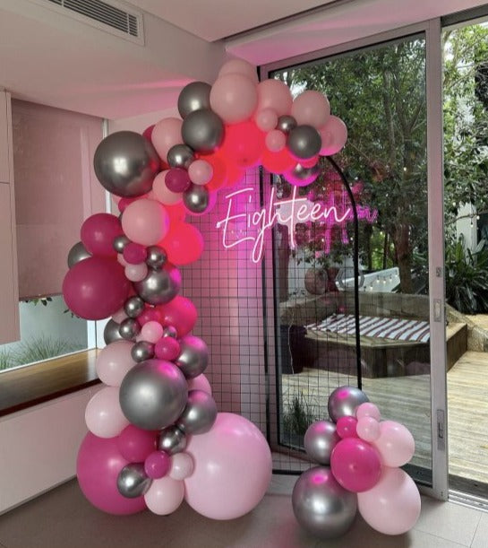 18th Birthday Balloon Garland with Round Top Mesh Backdrop and Neon Sign - Everything Party