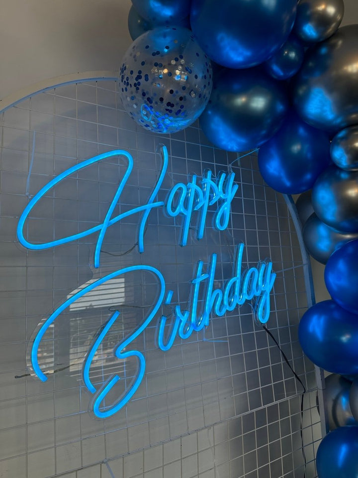 18th Birthday Balloon Garland with Round Top Mesh Backdrop and Neon Sign - Everything Party