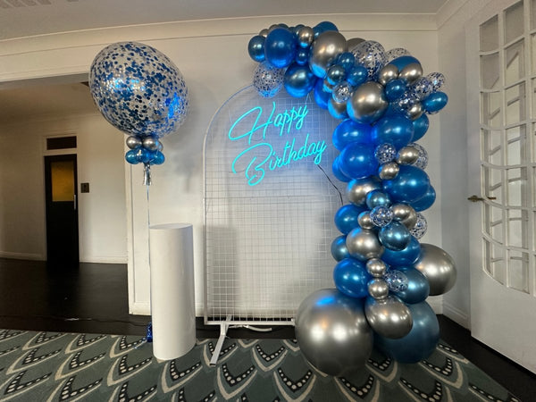 18th Birthday Balloon Garland with Round Top Mesh Backdrop and Neon Sign - Everything Party