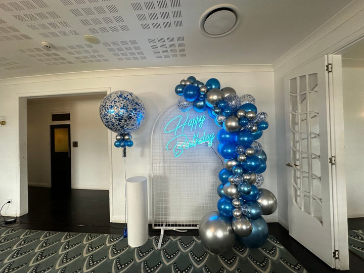 18th Birthday Balloon Garland with Round Top Mesh Backdrop and Neon Sign - Everything Party