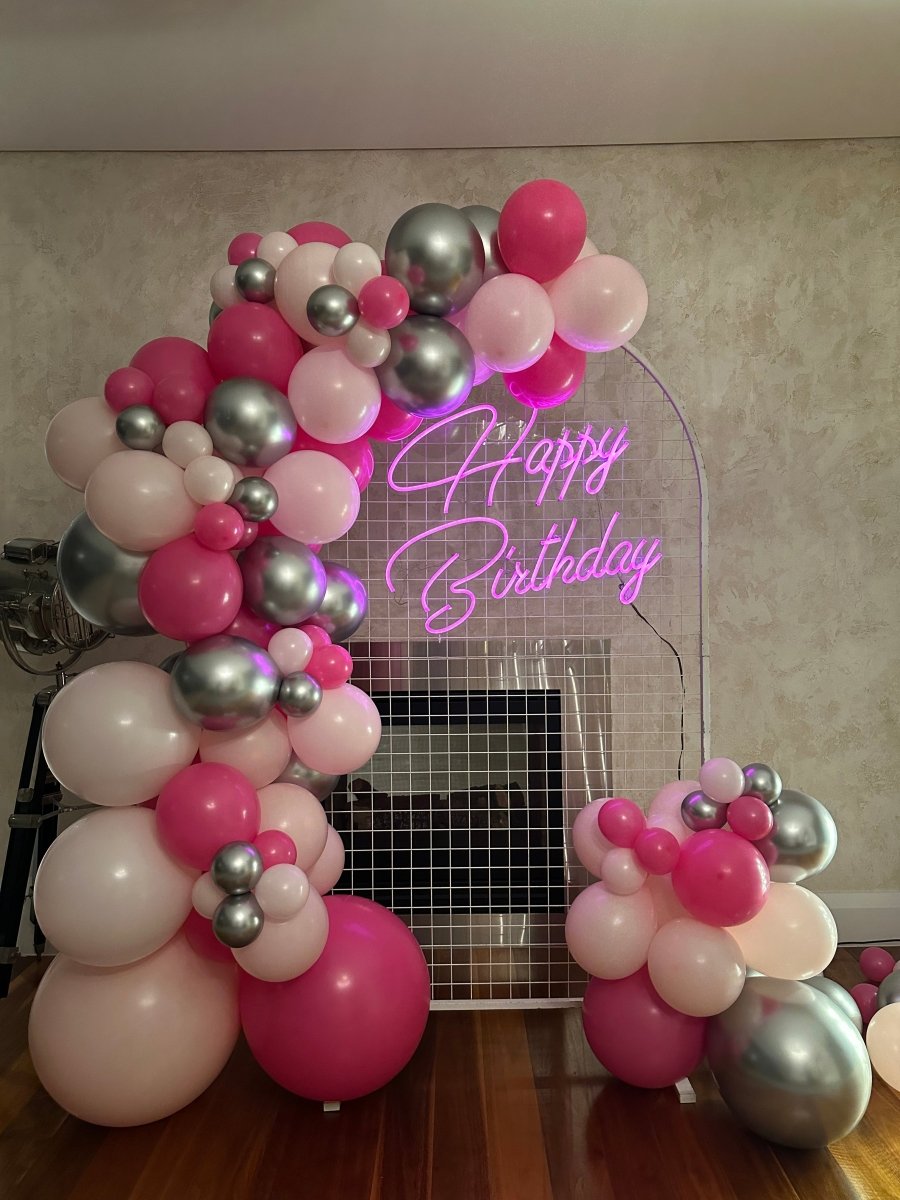 18th Birthday Balloon Garland with Round Top Mesh Backdrop and Neon Si ...