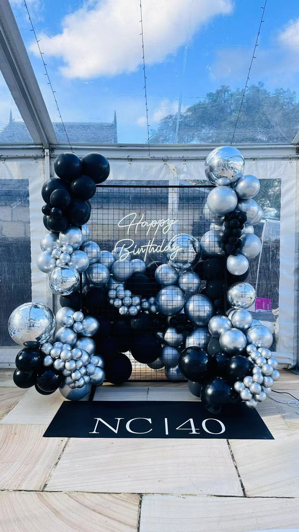 40th Birthday Balloon Garland with Rectangle Mesh Backdrop and Customized Floor Sticker
