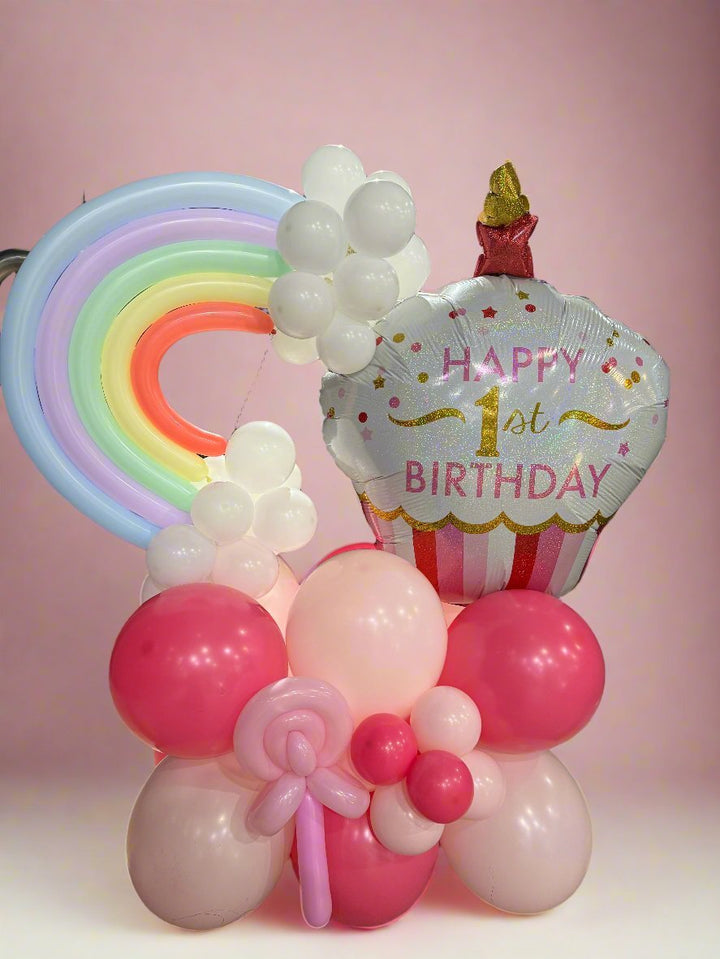 1st Birthday Rainbow and Cupcake Floor Balloon Arrangement - Everything Party