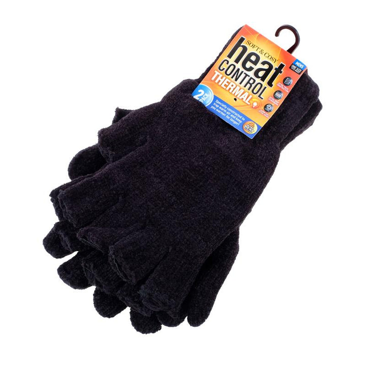 2 Pairs Gloves & Fingerless Glove Set Mens Heat Control Thermal Lined Chenille Black - Everything Party