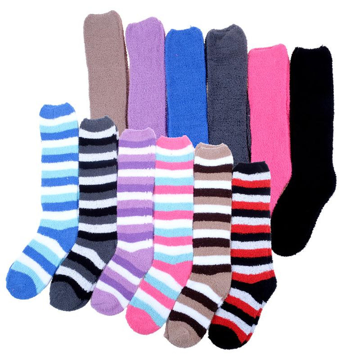 2 Pairs Women Microfibre Knee High Socks 52cm Length Stripe & Plain Colours - Everything Party