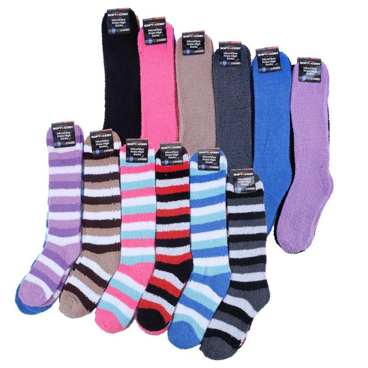 2 Pairs Women Microfibre Knee High Socks 52cm Length Stripe & Plain Colours - Everything Party