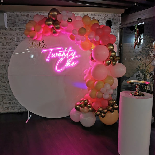 21st Balloon Garland on 2m White Acrylic Backdrop With Neon Sign - Everything Party