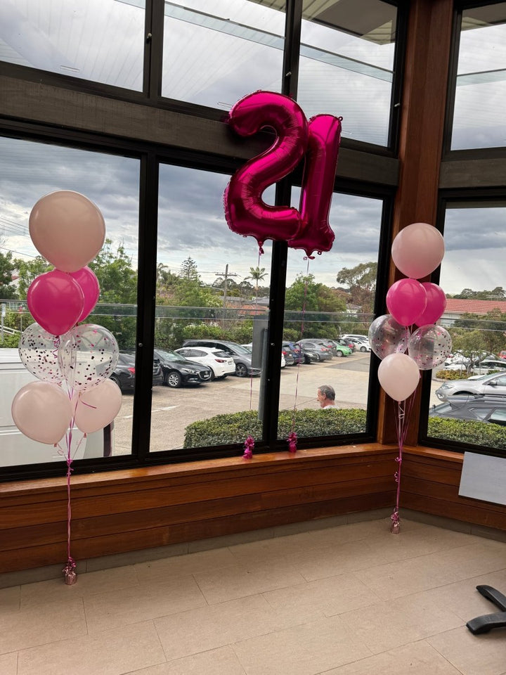 21st Birthday Balloon decoration on Easel with Acrylic Board with Writing and helium balloons - Everything Party