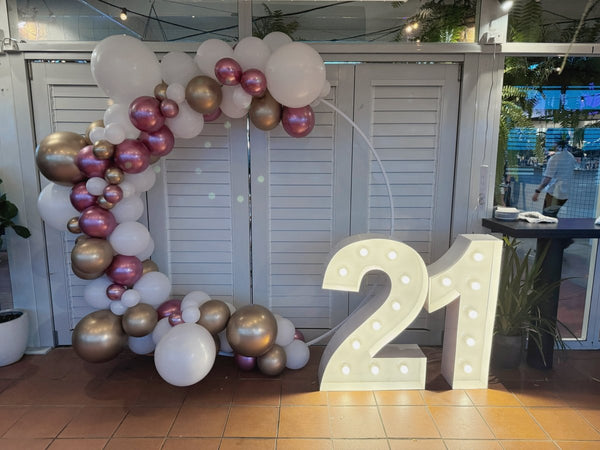 21st Birthday Balloon Garland on 2m Circle Backdrop with LED Number Lights - Everything Party