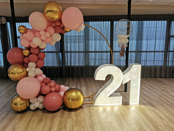 21st Birthday Balloon Garland on 2m Circle Backdrop with LED Number Lights - Everything Party
