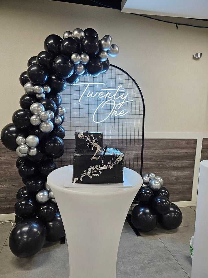 21st Birthday Balloon Garland with Round Top Mesh Backdrop and Neon Sign - Everything Party