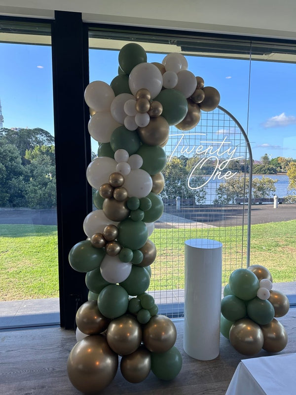 21st Birthday Balloon Garland with Round Top Mesh Backdrop and Neon Sign - Everything Party