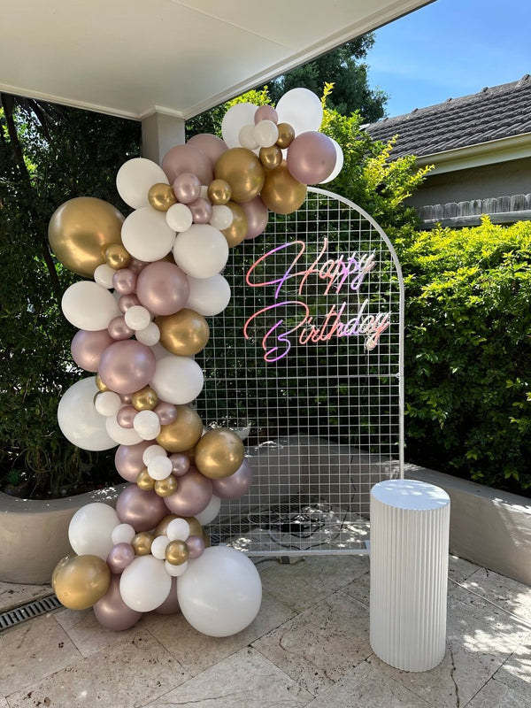 21st Birthday Balloon Garland with Round Top Mesh Backdrop and Neon Sign - Everything Party