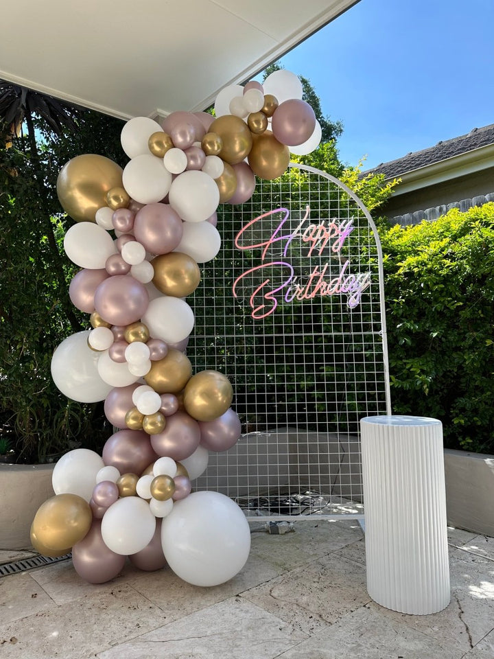 21st Birthday Balloon Garland with Round Top Mesh Backdrop and Neon Sign - Everything Party