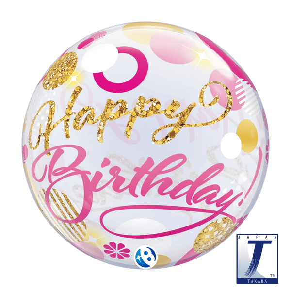 22" Takara Birthday Pink & Gold Dots Bubbles Balloon - Everything Party