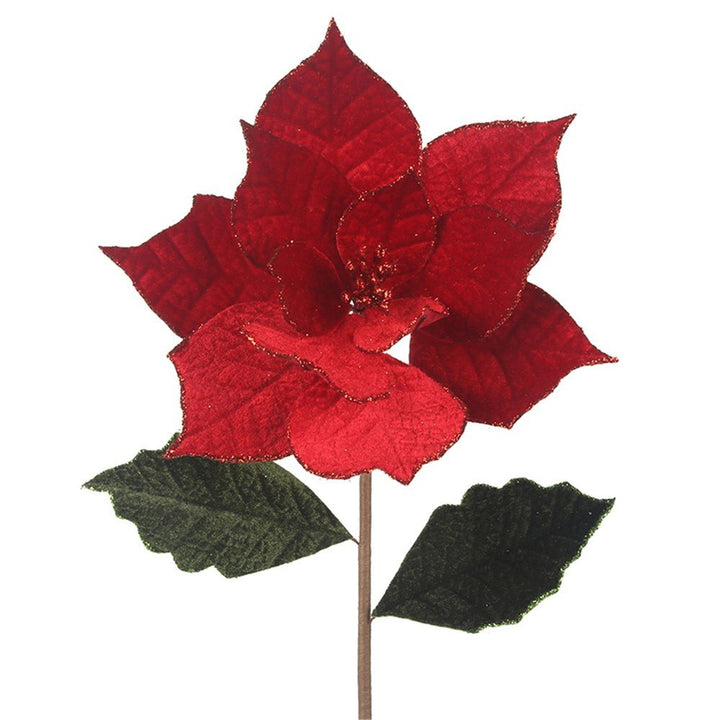 22cm Red Artificial Poinsettia with Leaves on Long Stem - Everything Party