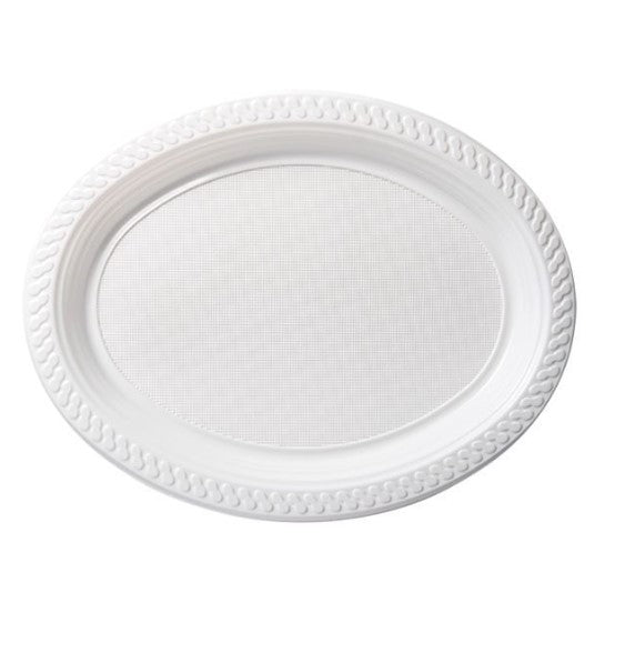 25pk Large Reusable Plastic White Oval Plates 31.5cm - Everything Party