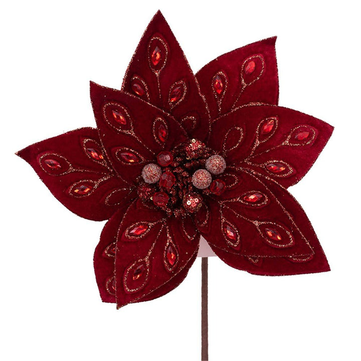 28cm Red Velvet Jewelled Artificial Poinsettia with Long Stem - Everything Party