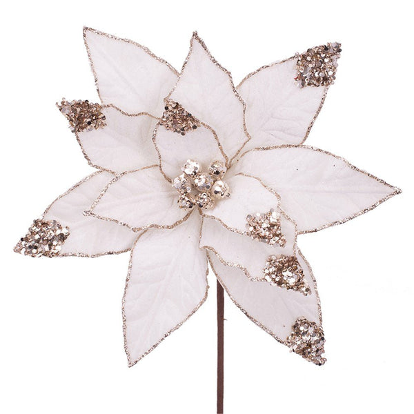 29cm Ivory Velvet Poinsettia with Champagne Detail & 50cm Stem - Everything Party