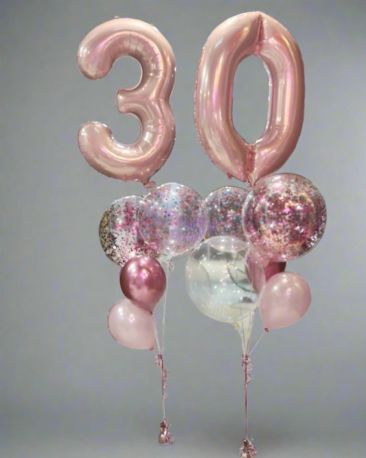 30th Birthday Pink Number Shape Foil with Confetti Balloon Bouquets - Everything Party