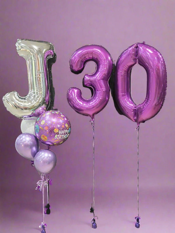 30th Birthday Purple Number and Initial Letter Foil Balloon Bouquets - Everything Party