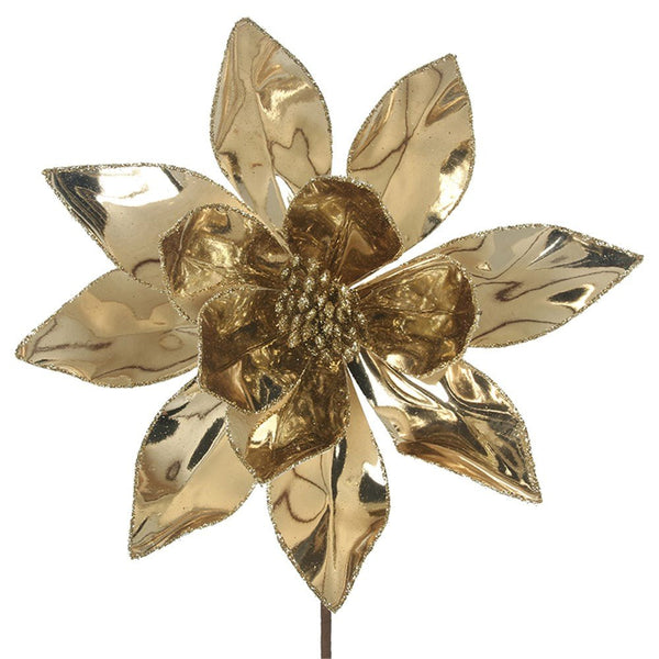 32cm Shiny Champagne Gold Artificial Poinsettia with Long Stem - Everything Party