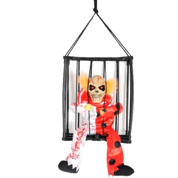 35cm Animated Hanging Skeleton Clown in Cage with Sound & Flashing Eyes - Everything Party