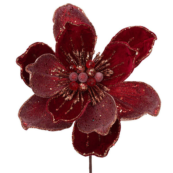 36cm Red Velvet Jewelled Artificial Magnolia with Long Stem - Everything Party