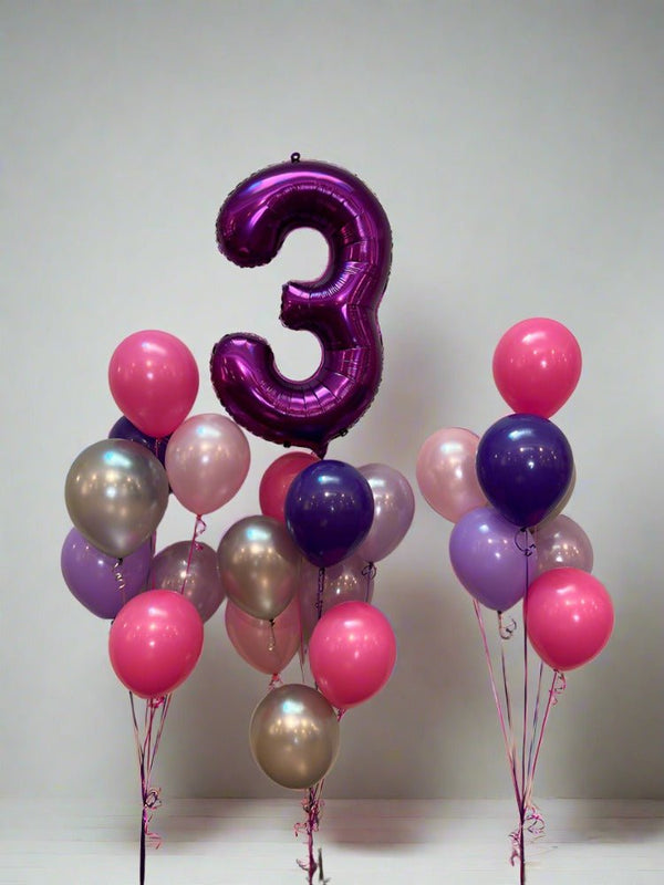 3rd Birthday Jumbo Number Foil Balloon with Pink Purple Latex Balloon Bouquet - Everything Party