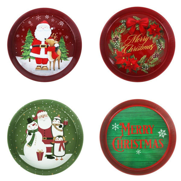 4 Assorted 34cm Round Metal Christmas Trays - Everything Party