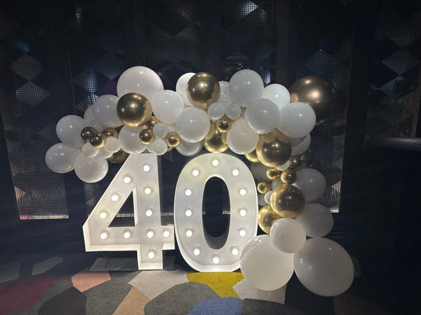 40th Birthday Balloon Garland in White and Chrome Gold with 1m LED Number Lights - Everything Party