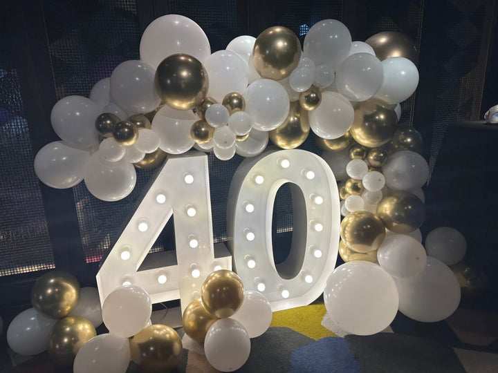 40th Birthday Balloon Garland in White and Chrome Gold with 1m LED Number Lights - Everything Party
