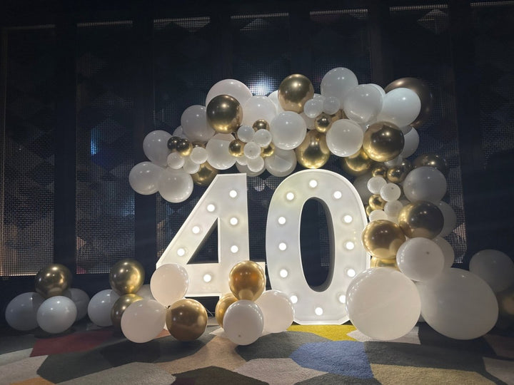 40th Birthday Balloon Garland in White and Chrome Gold with 1m LED Number Lights - Everything Party