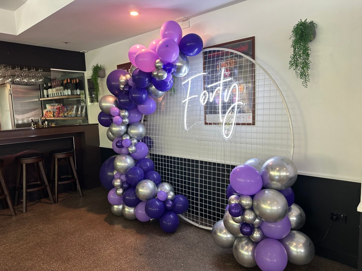 40th Birthday Balloon Garland on 2m Circle Mesh Backdrop With Neon Sig ...