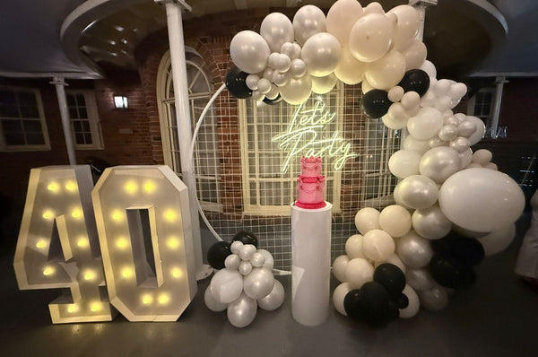 40th Birthday Balloon Garland on 2m Mesh Backdrop with LED Number Lights - Everything Party