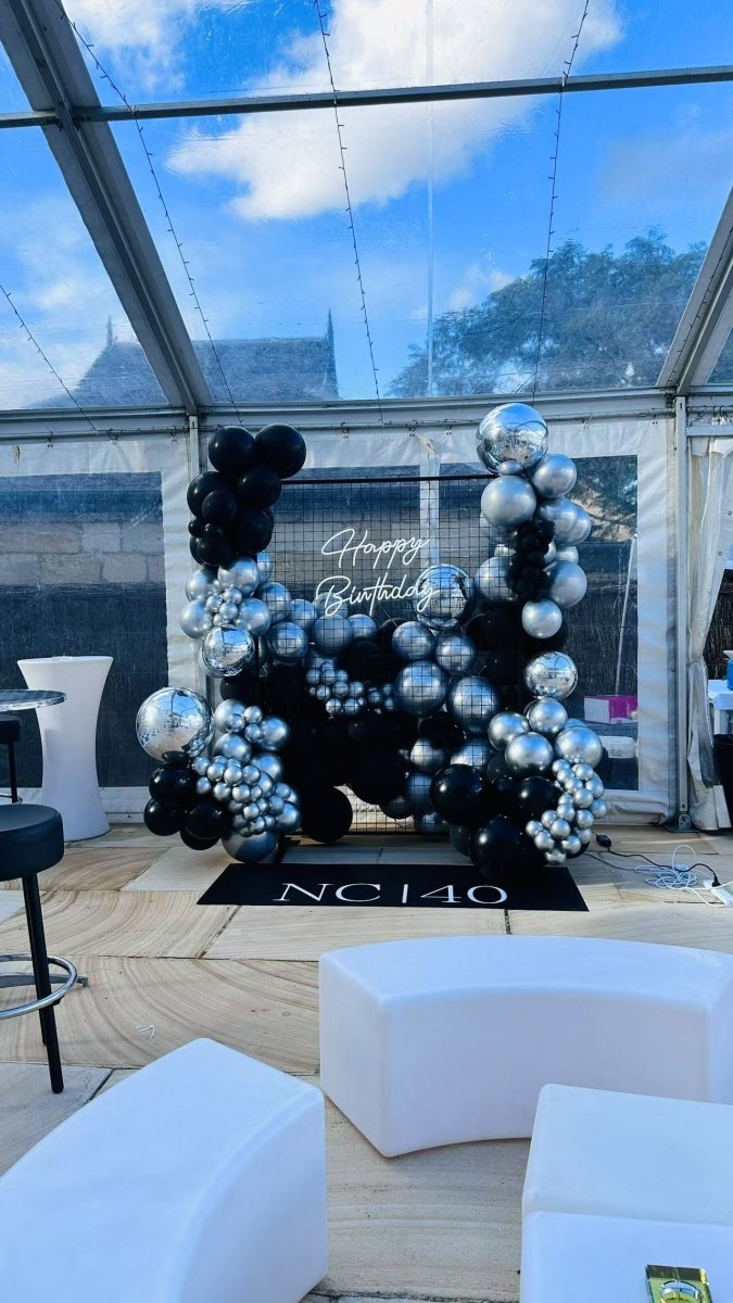 40th Birthday Balloon Garland with Rectangle Mesh Backdrop and Customized Floor Sticker - Everything Party