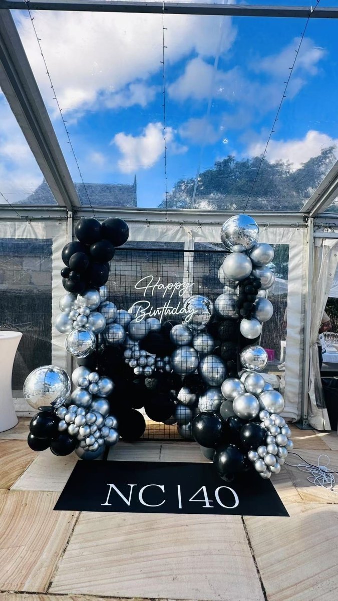 40th Birthday Balloon Garland with Rectangle Mesh Backdrop and Customized Floor Sticker - Everything Party