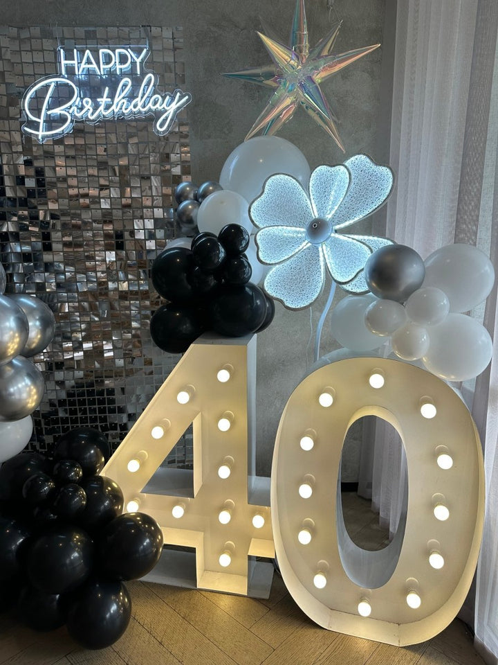 40th Birthday Balloon Garland with silver Shimmer wall - Everything Party