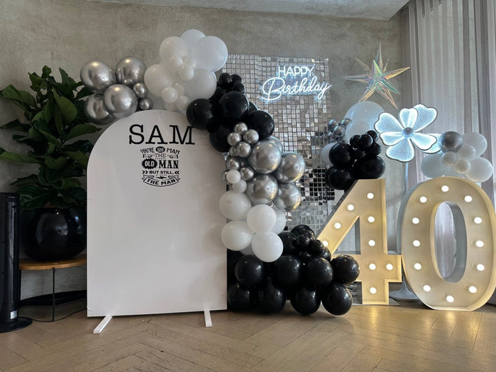 40th Birthday Balloon Garland with silver Shimmer wall - Everything Party