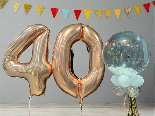 40th Birthday Number Foil and Clear Bubble with Feather Balloon Bouquet - Everything Party