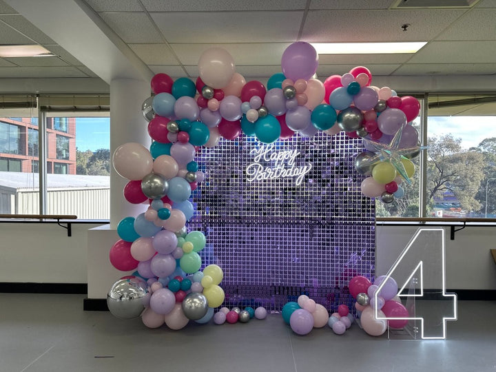 4th Disco Theme Birthday Balloon Garland with 2m Shimmer Wall and Neon Sign - Everything Party