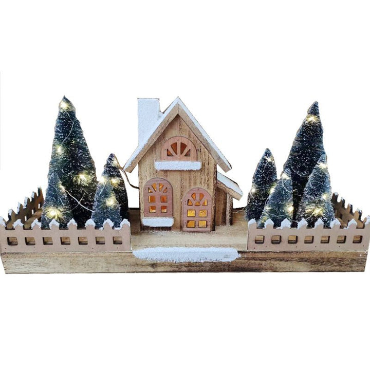 50cm Christmas Light Up Wooden Snowing House with Mini Trees - Everything Party