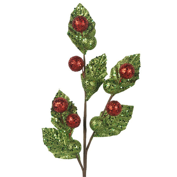 50cm Green & Red Glitter Balls with Leaf Stem - Everything Party