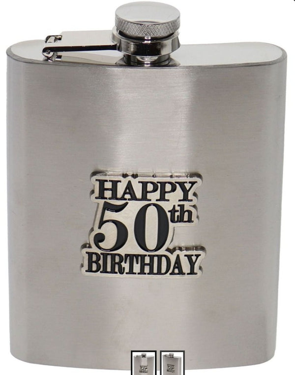 50th Birthday Badge Stain Steel Hip Flask - Everything Party