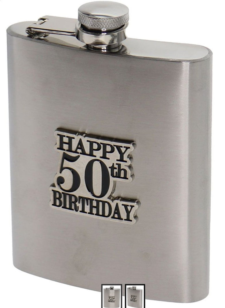 50th Birthday Badge Stain Steel Hip Flask - Everything Party