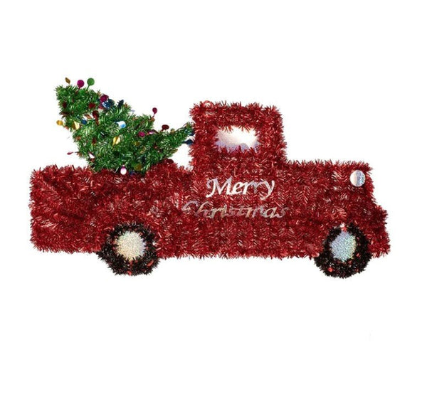 60cm Red Tinsel Christmas Car with Tree – Festive Wall or Door Decoration - Everything Party