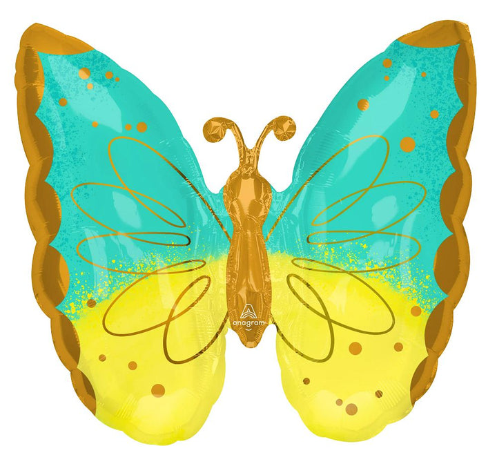 63cm Anagram Mint & Yellow Butterfly Shape Foil Balloon - Everything Party