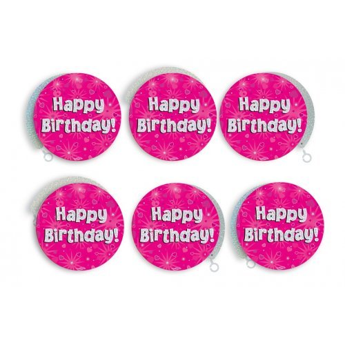 6pk Hanging Swirl Decoration Holographic Happy Birthday - Pink - Everything Party