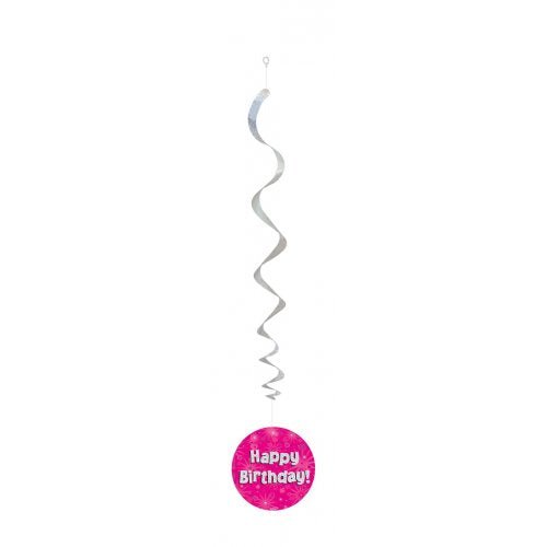 6pk Hanging Swirl Decoration Holographic Happy Birthday - Pink - Everything Party