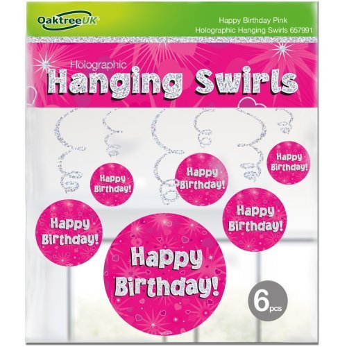 6pk Hanging Swirl Decoration Holographic Happy Birthday - Pink - Everything Party